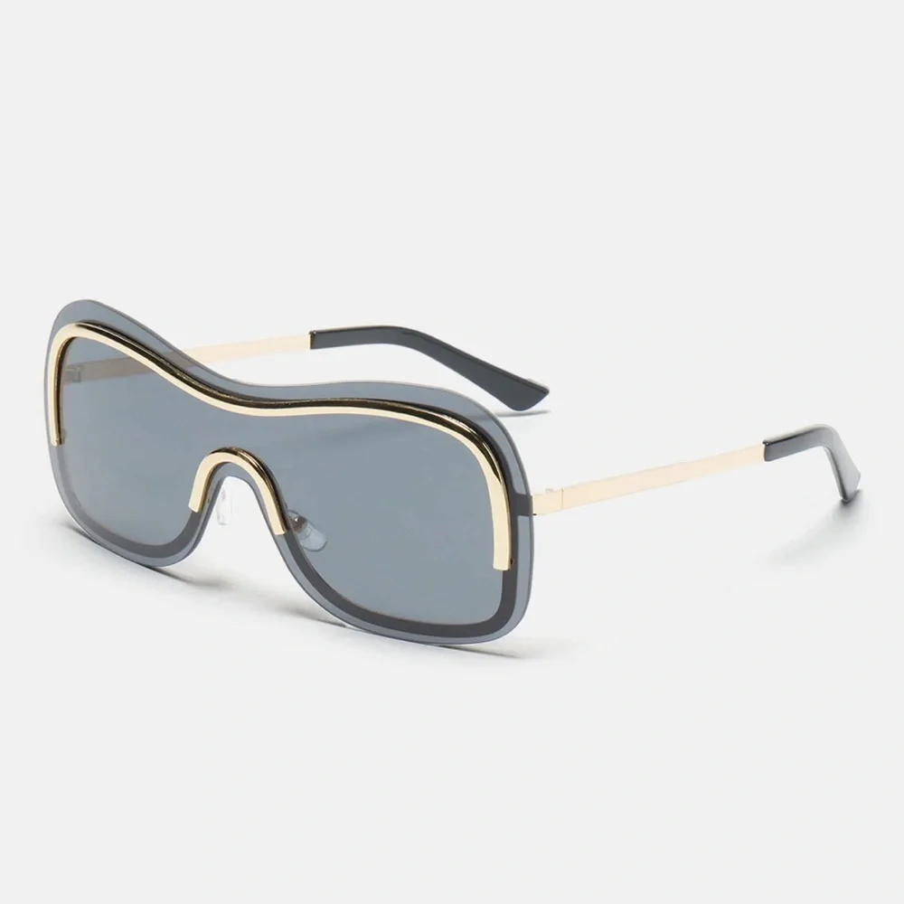 •Get Like Me• Rimless Black Shield Oversized Frame Sunnies with Gold Trim - Picture 1 of 2